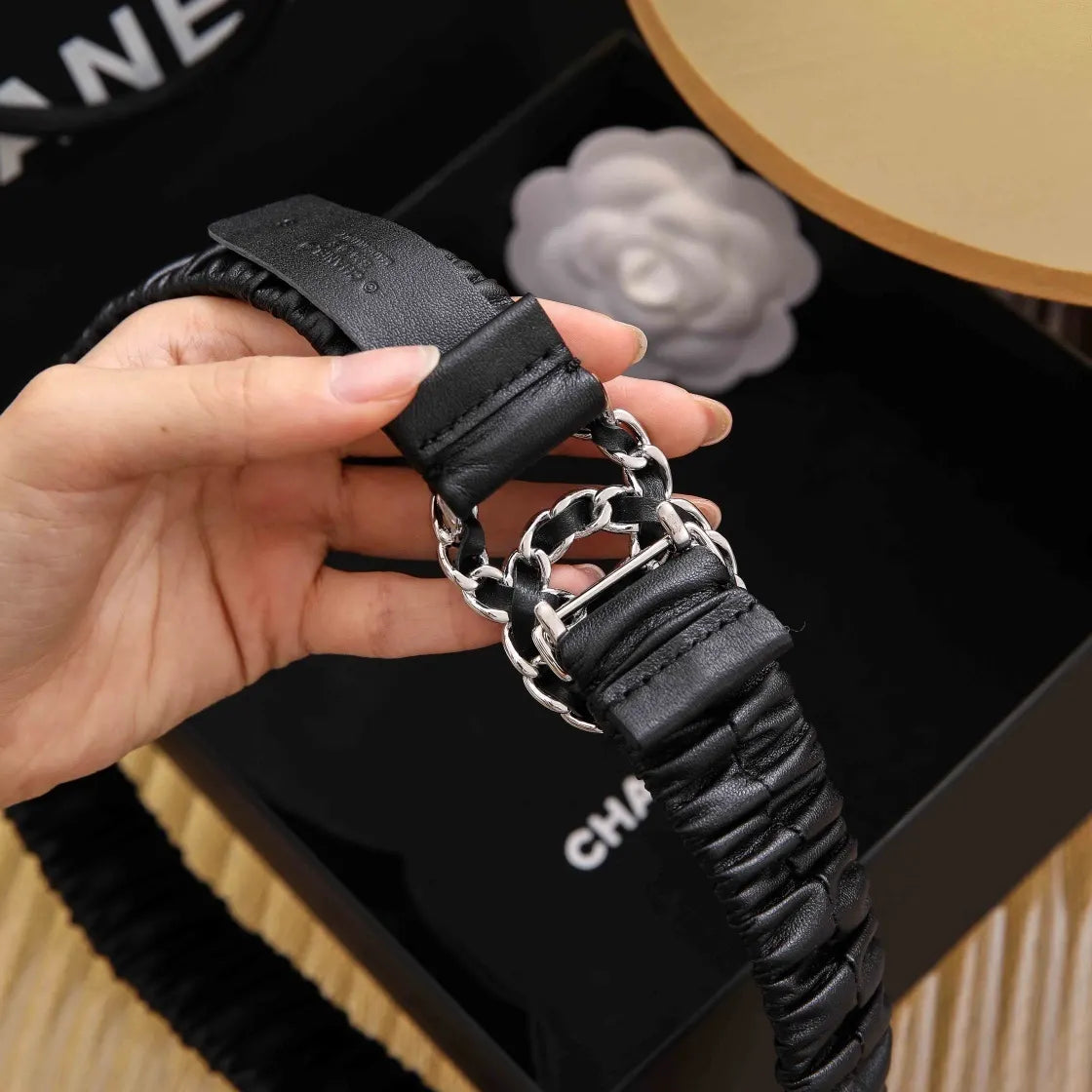 silver Chanel Ruched Black Leather Belt - Hình 4
