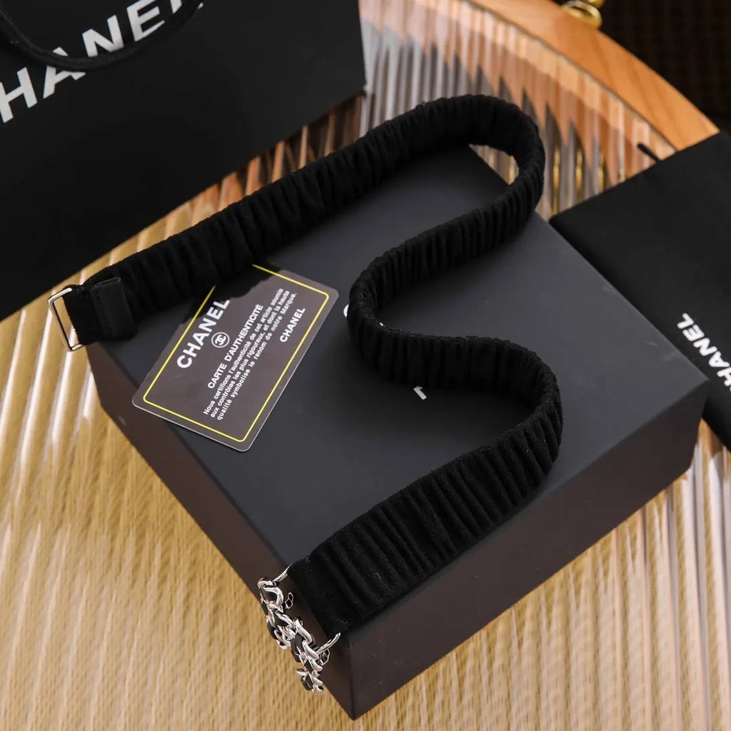 silver Chanel Ruched Black Leather Belt - Hình 5