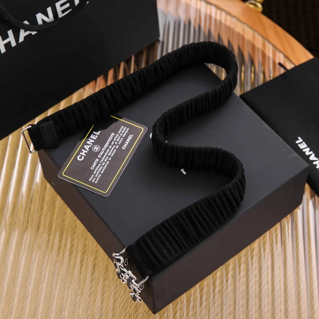 silver Chanel Ruched Black Leather Belt - Hình 5
