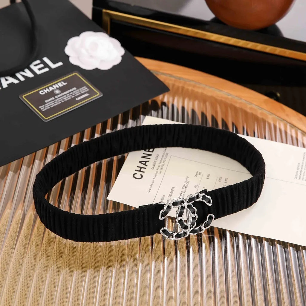 silver Chanel Ruched Black Leather Belt - Hình 6