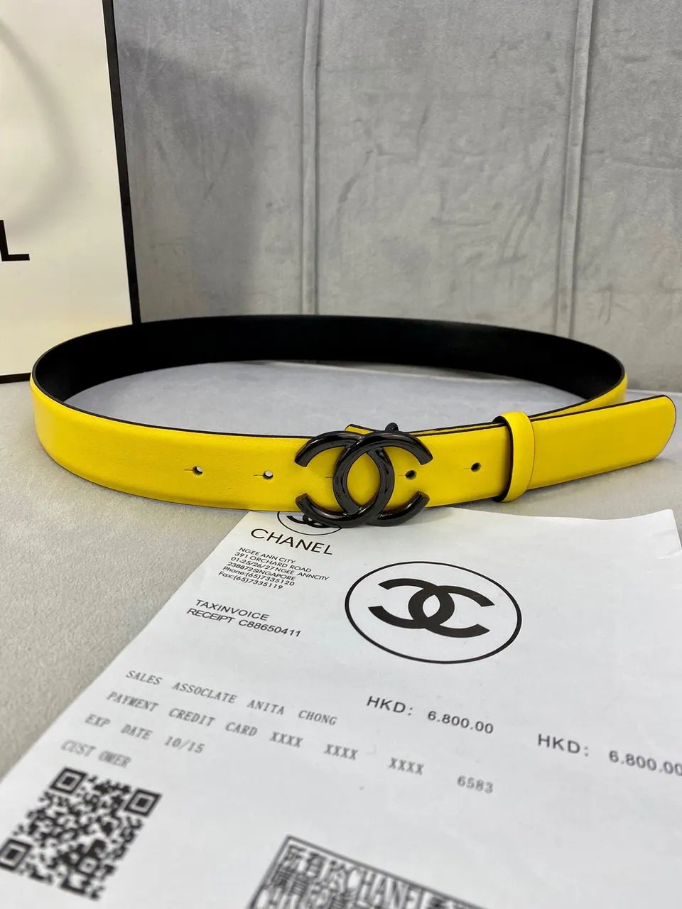 black Chanel Yellow Leather Belt