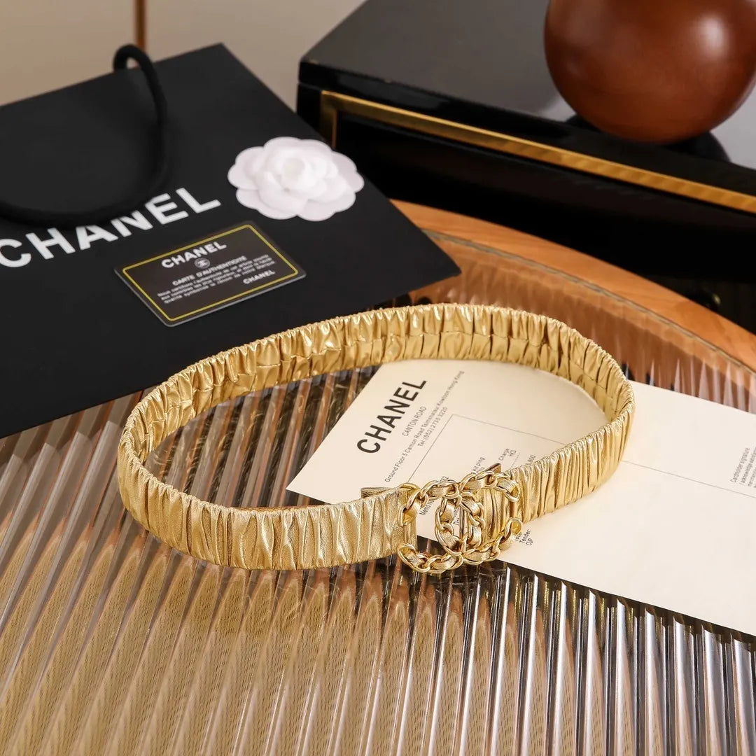 Chanel Gold Ruched Leather Belt