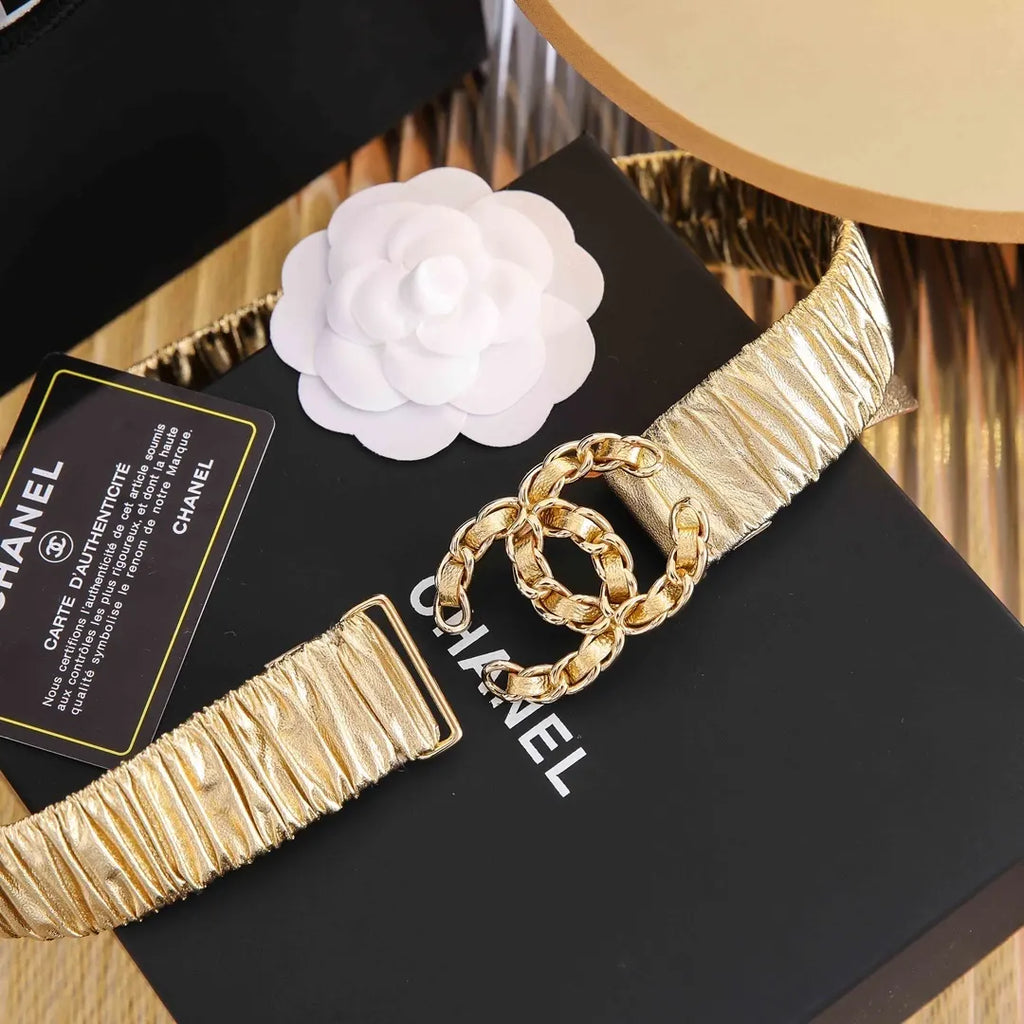 Chanel Gold Ruched Leather Belt - Hình 2