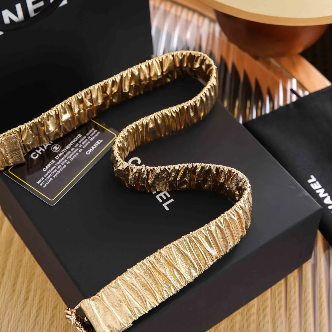 Chanel Gold Ruched Leather Belt - Hình 3