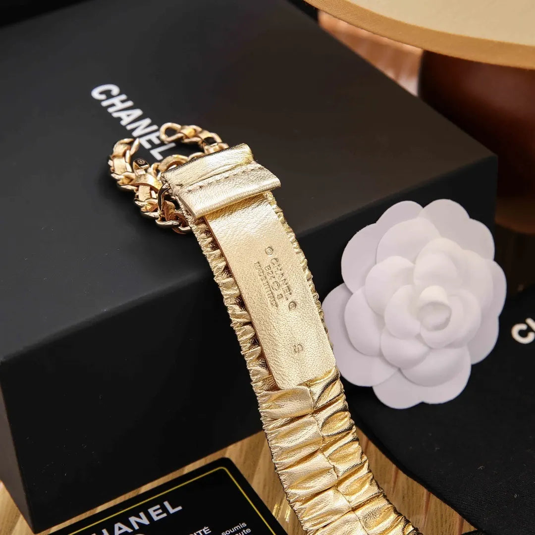 Chanel Gold Ruched Leather Belt - Hình 4