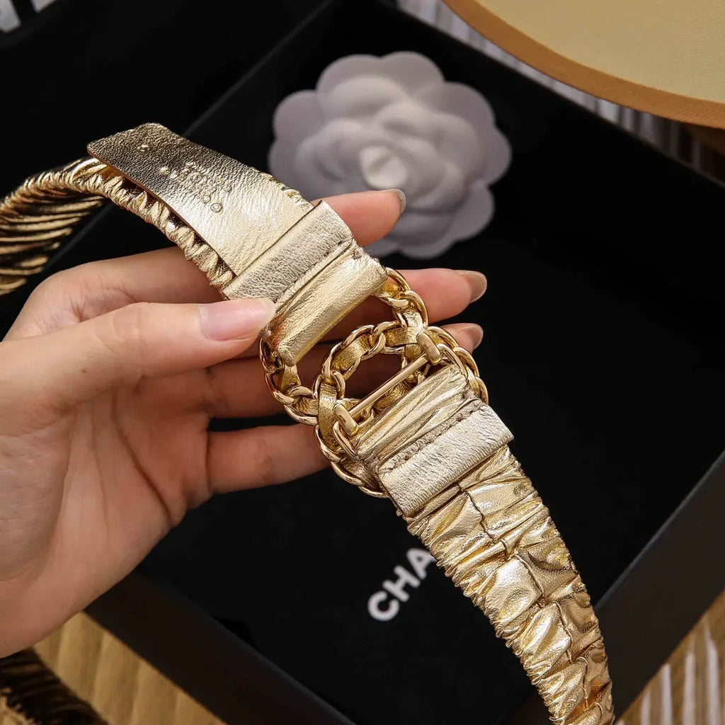 Chanel Gold Ruched Leather Belt - Hình 5