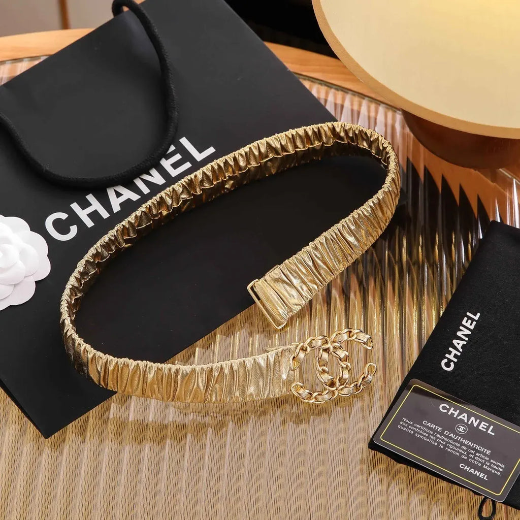 Chanel Gold Ruched Leather Belt - Hình 6