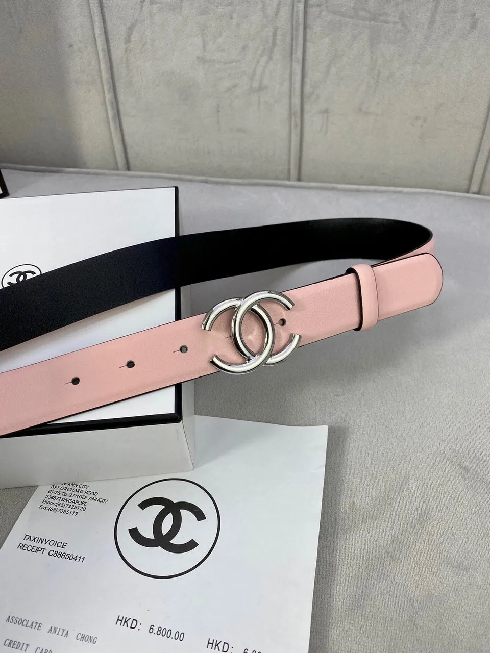 silver Chanel Light Pink Leather Belt - Hình 2