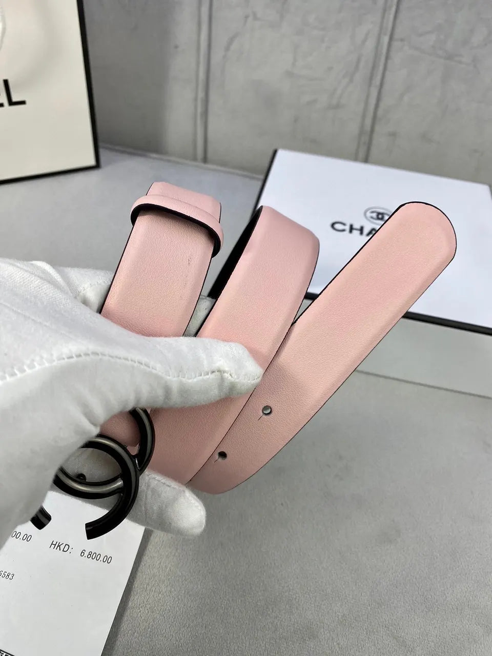 silver Chanel Light Pink Leather Belt - Hình 3