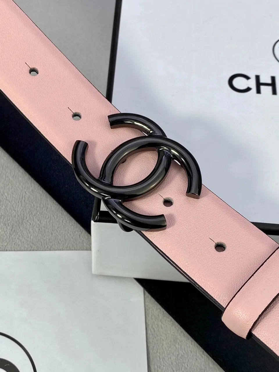 silver Chanel Light Pink Leather Belt - Hình 4