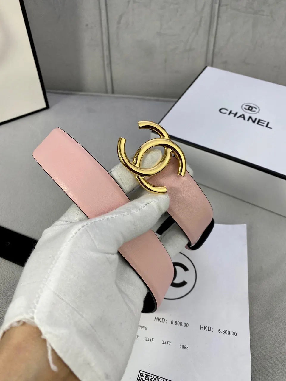 silver Chanel Light Pink Leather Belt - Hình 5