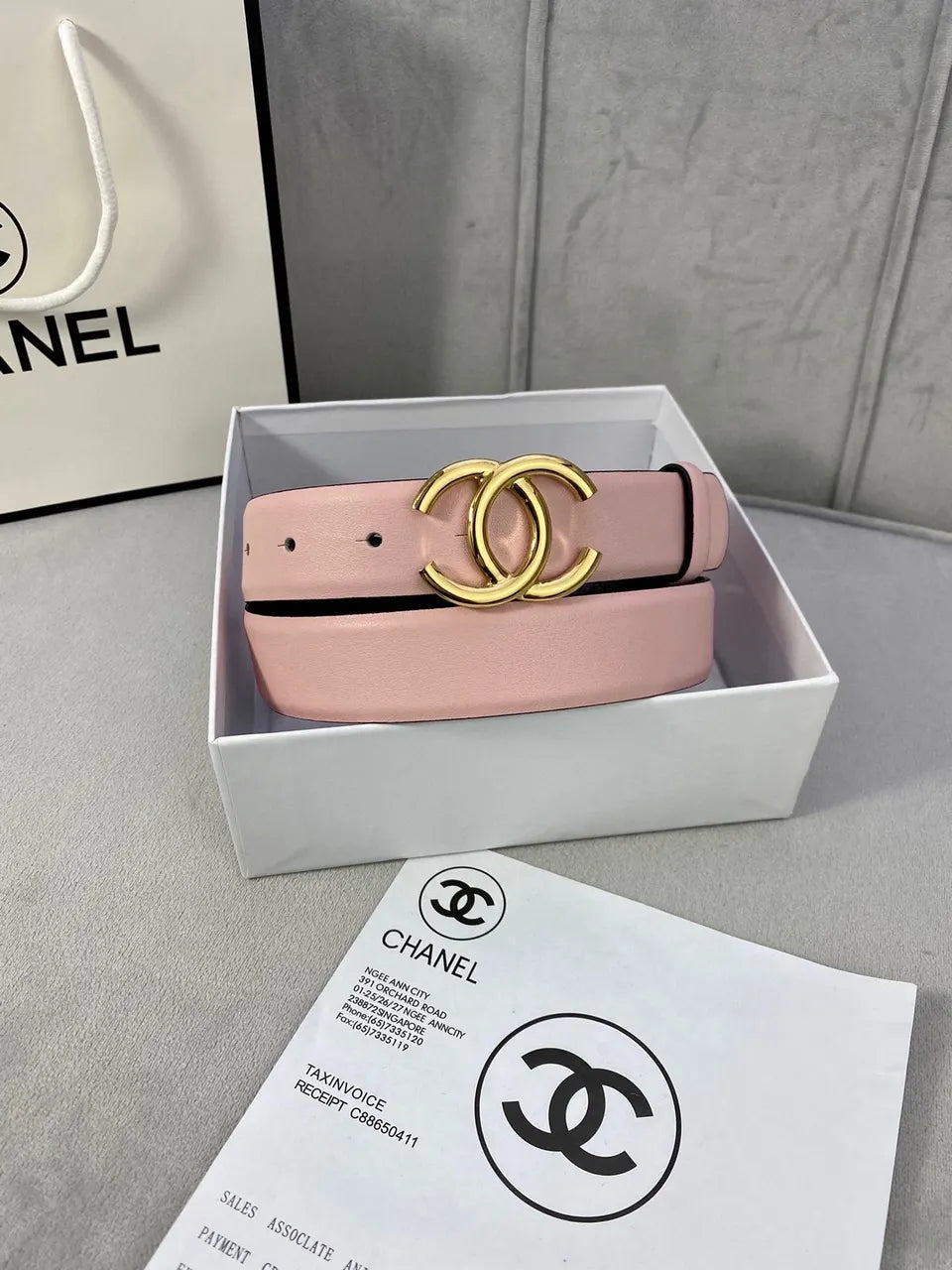 silver Chanel Light Pink Leather Belt - Hình 7