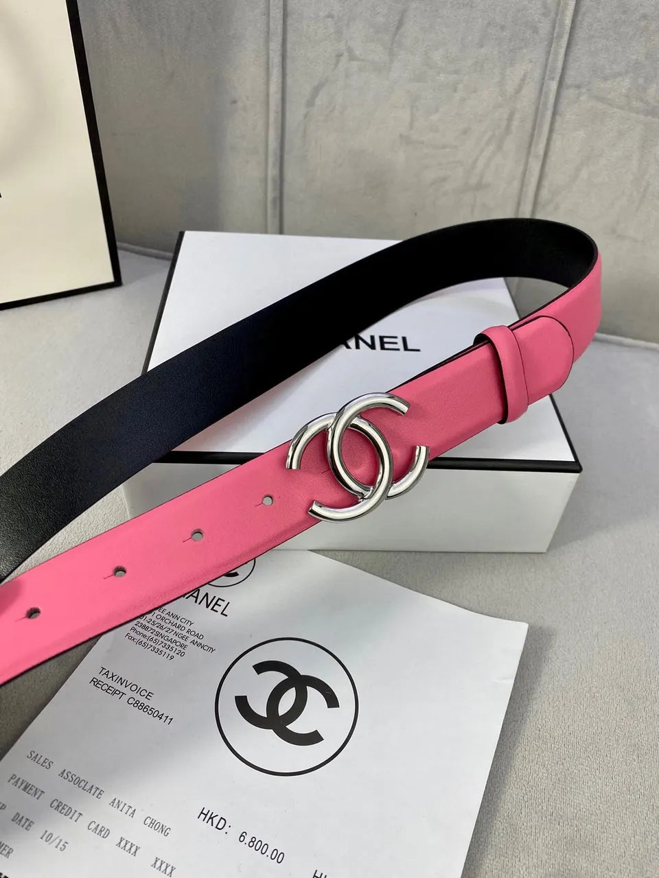 Chanel Pink Leather Belt silver