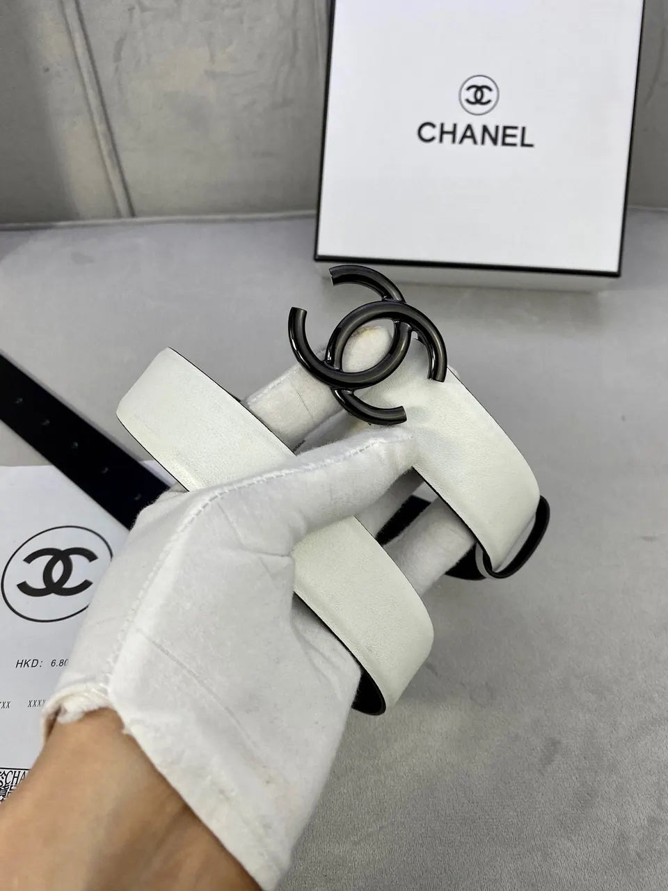 black Chanel White Leather Belt