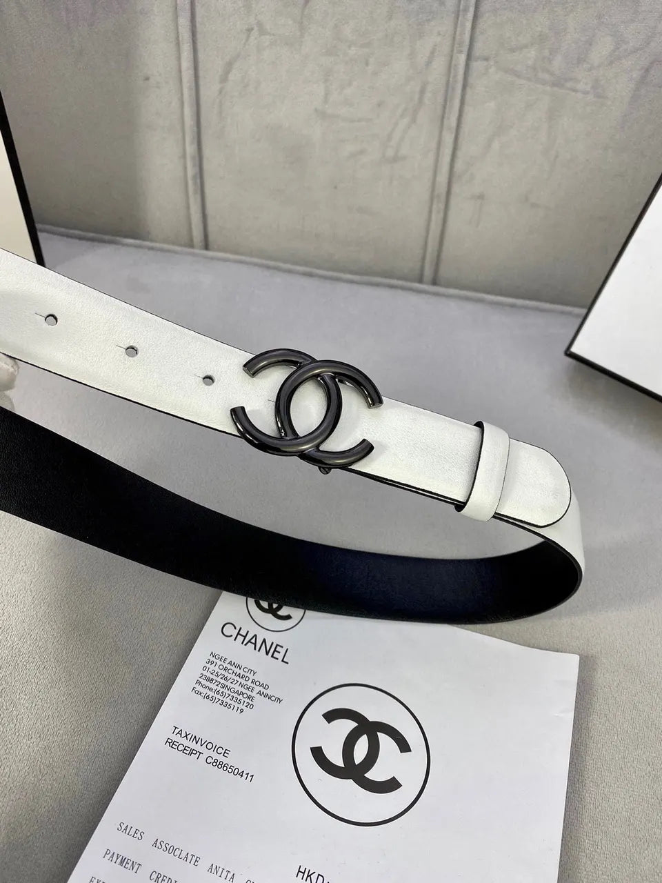black Chanel White Leather Belt - Hình 2