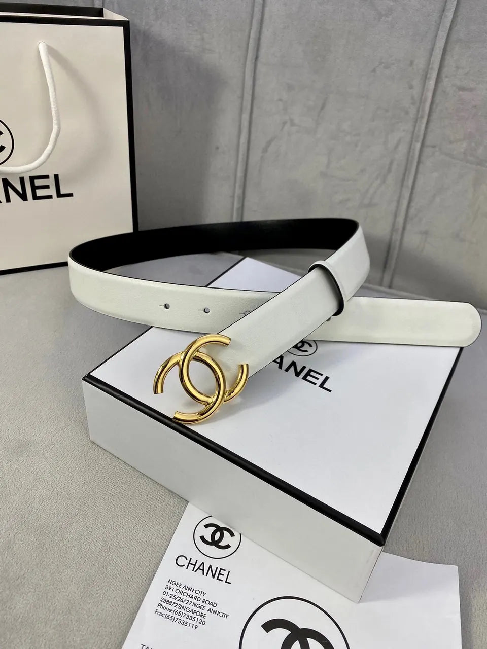 black Chanel White Leather Belt - Hình 5