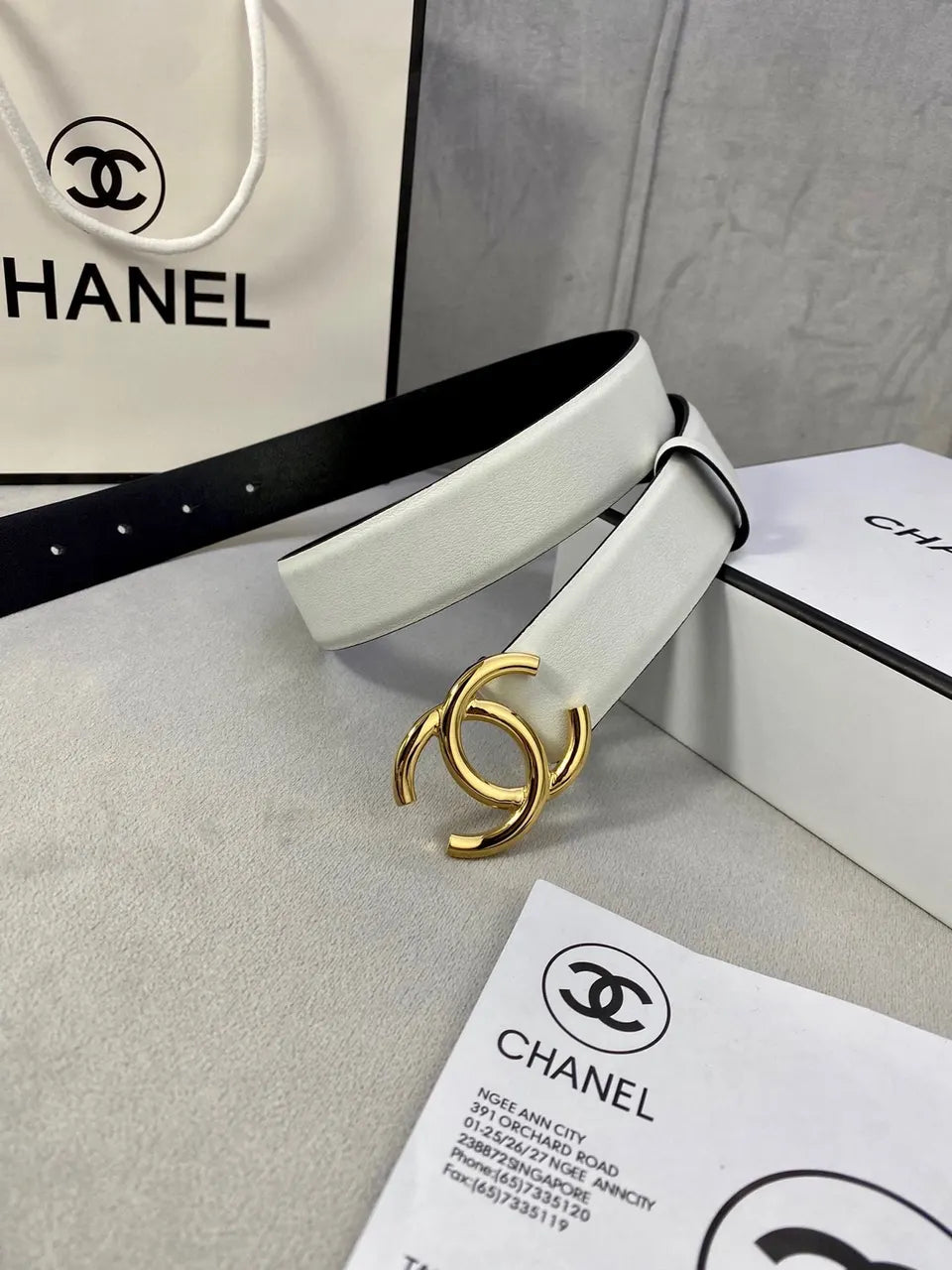 black Chanel White Leather Belt - Hình 6