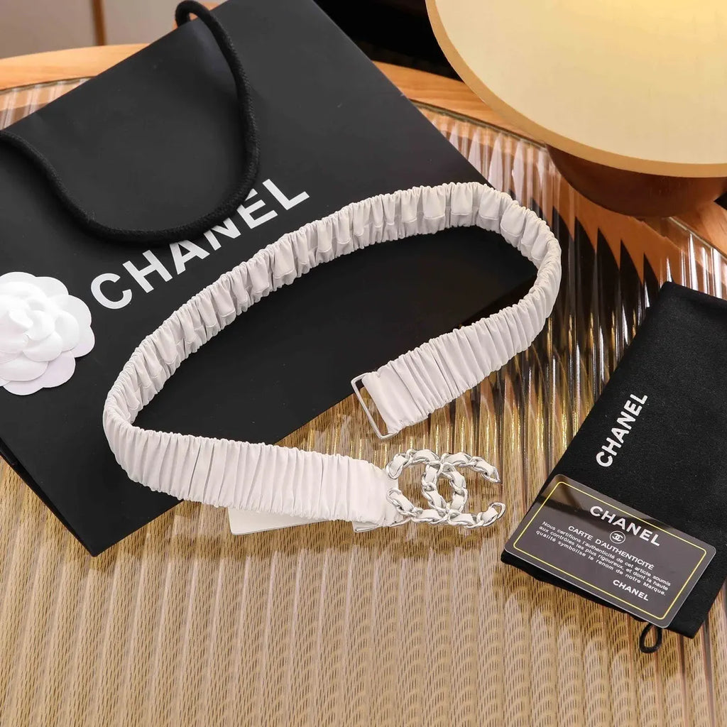 Chanel White Ruched Belt - Hình 2