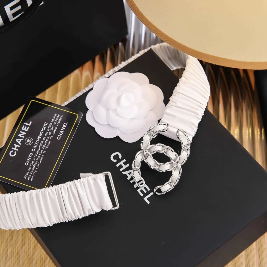 Chanel White Ruched Belt - Hình 3