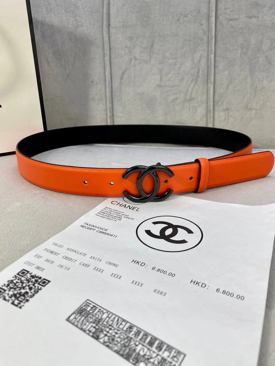 Chanel Orange Black Leather Belt