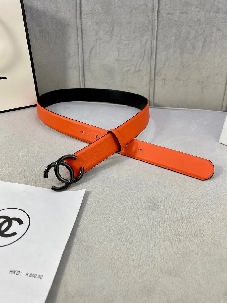 Chanel Orange Black Leather Belt - Hình 2