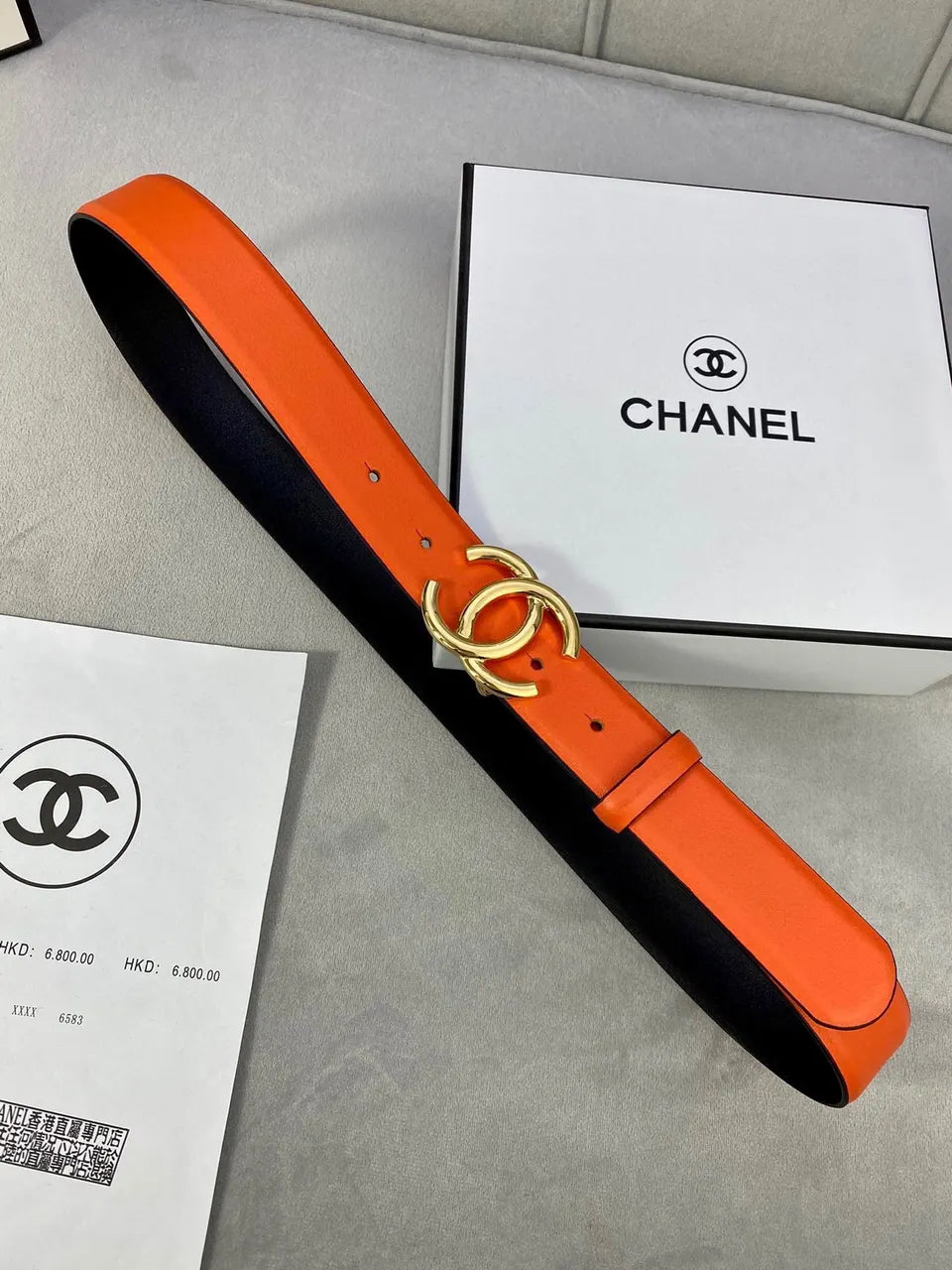 Chanel Orange Black Leather Belt - Hình 3
