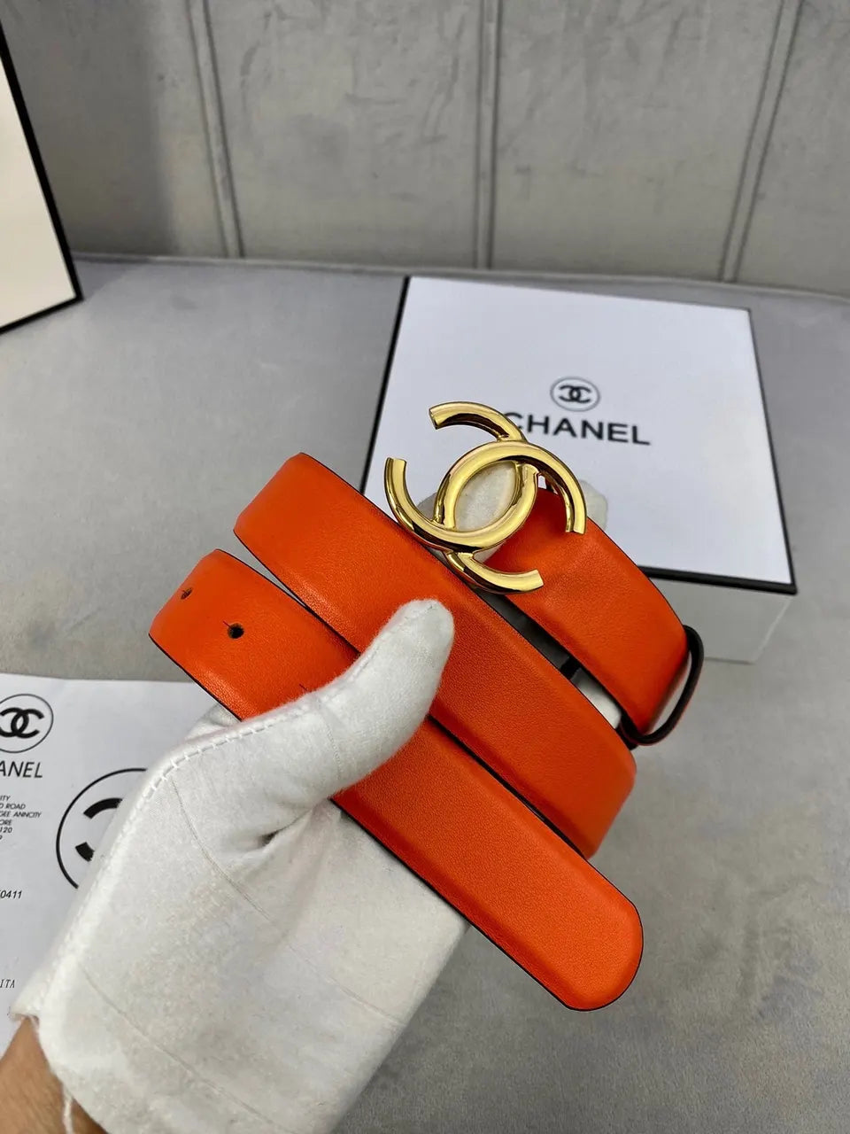 Chanel Orange Black Leather Belt - Hình 4