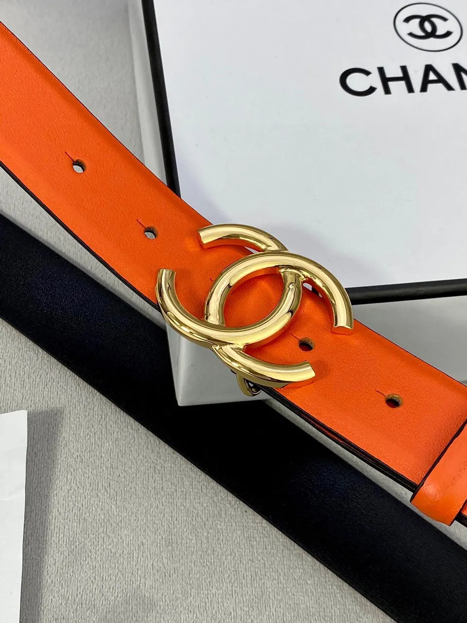 Chanel Orange Black Leather Belt - Hình 5