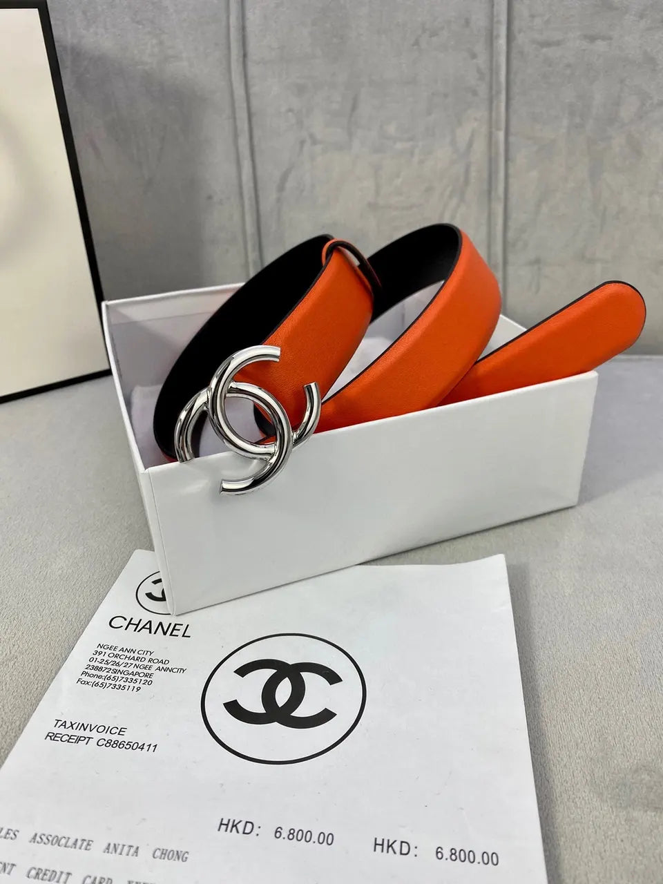 Chanel Orange Black Leather Belt - Hình 6