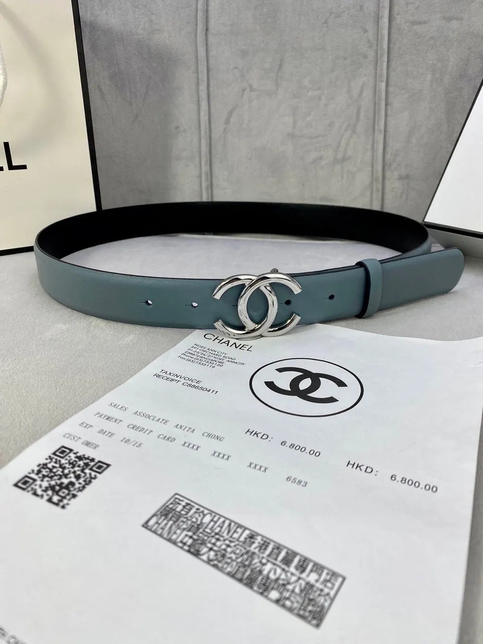 silver Chanel Teal Leather Belt