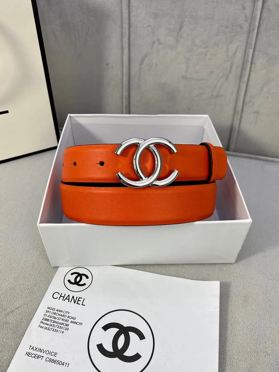 Chanel Orange Black Leather Belt - Hình 7