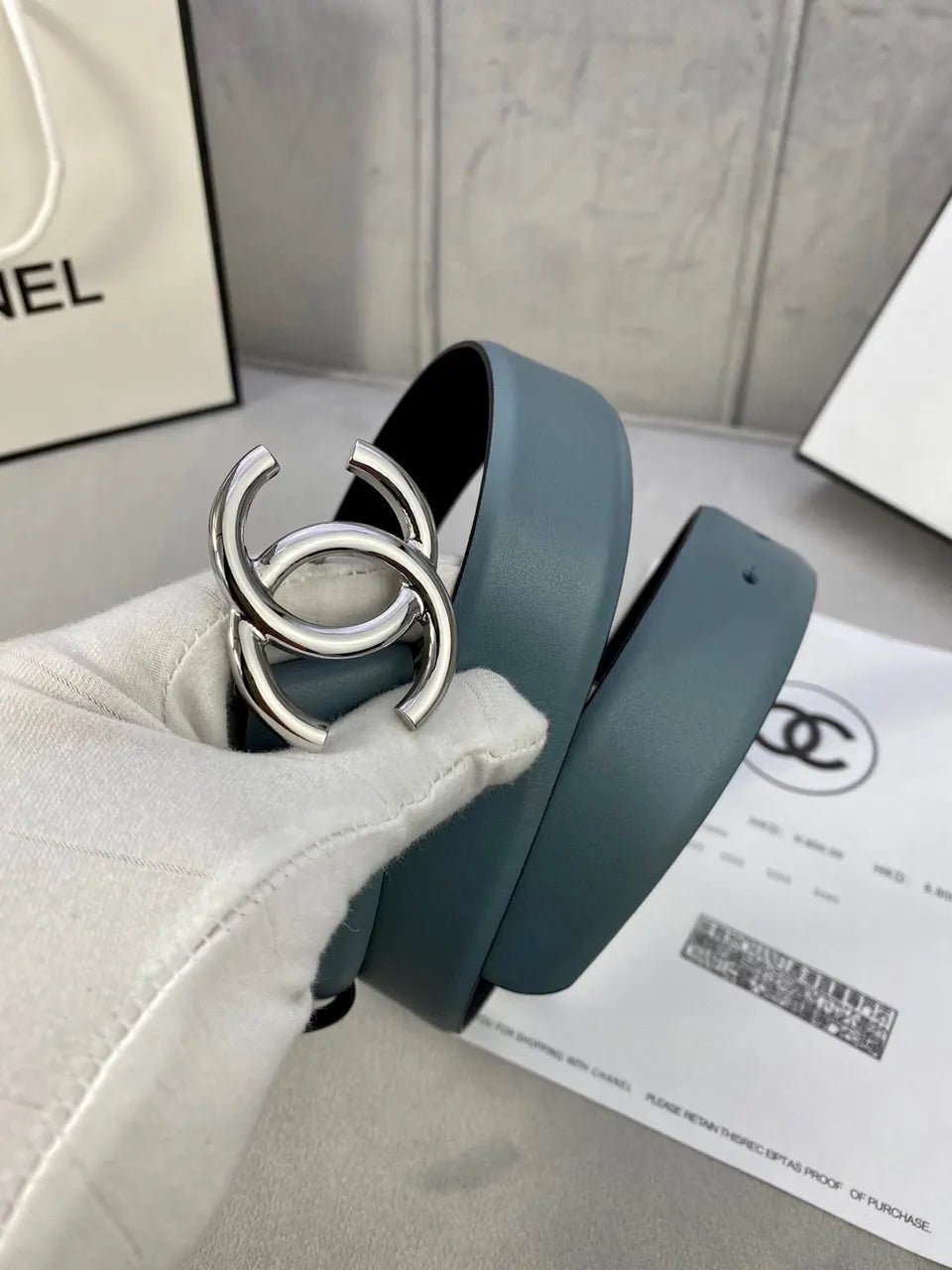 silver Chanel Teal Leather Belt - Hình 2