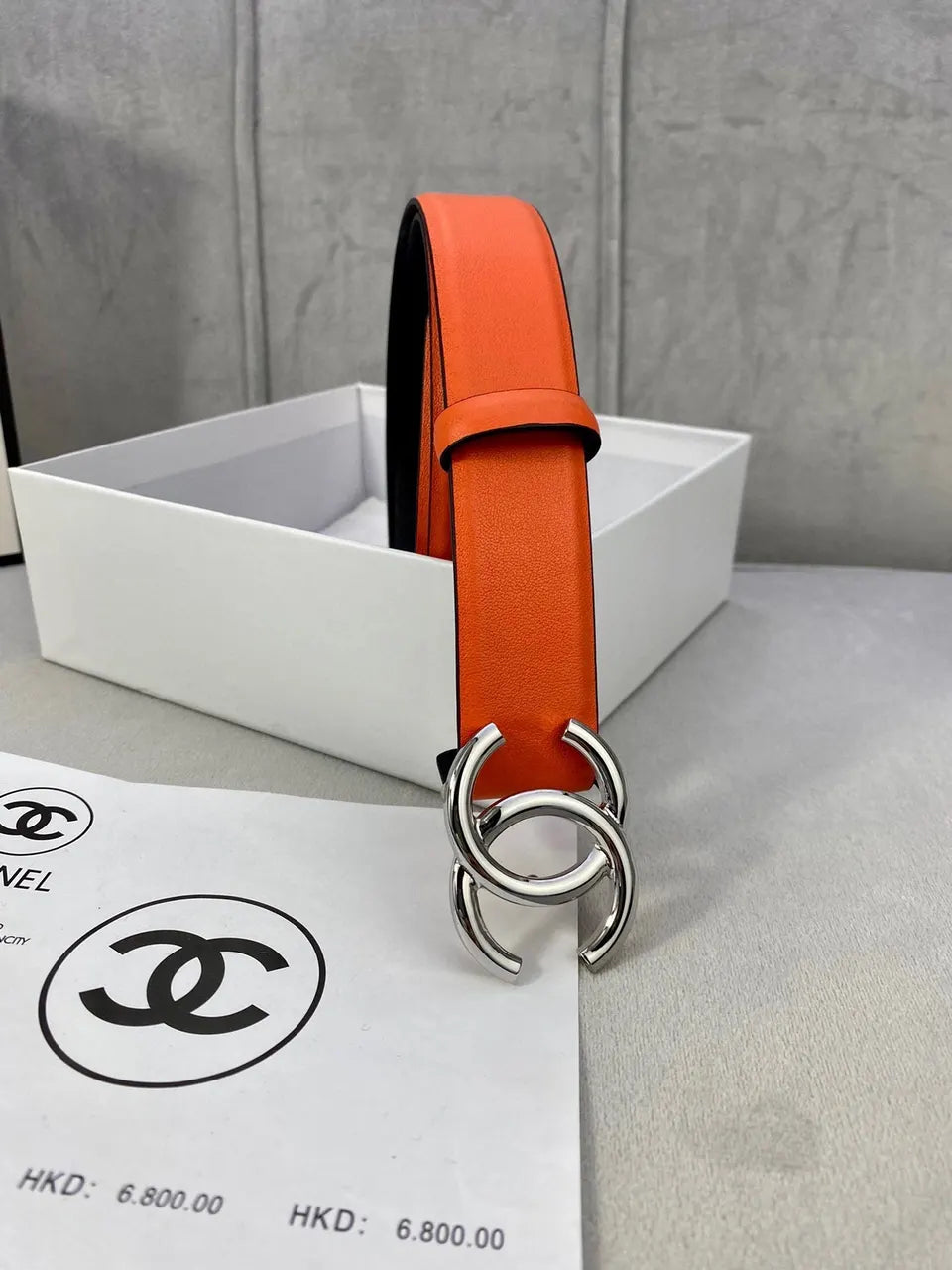 Chanel Orange Black Leather Belt - Hình 8