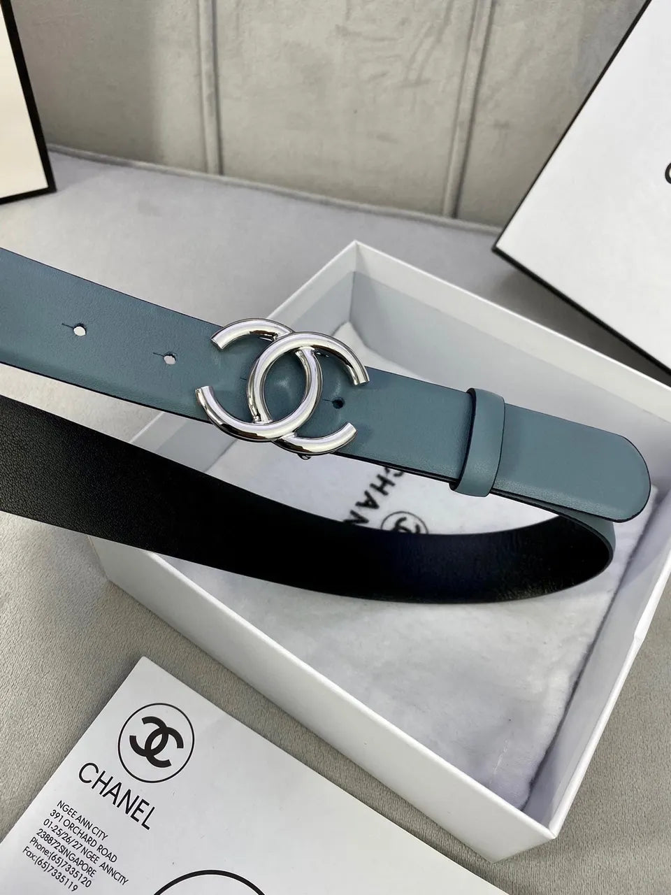 silver Chanel Teal Leather Belt - Hình 3