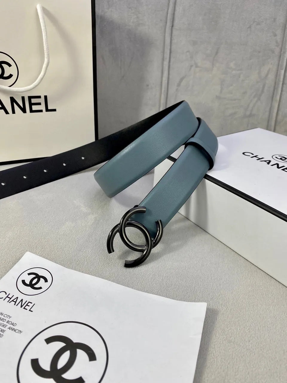 silver Chanel Teal Leather Belt - Hình 4