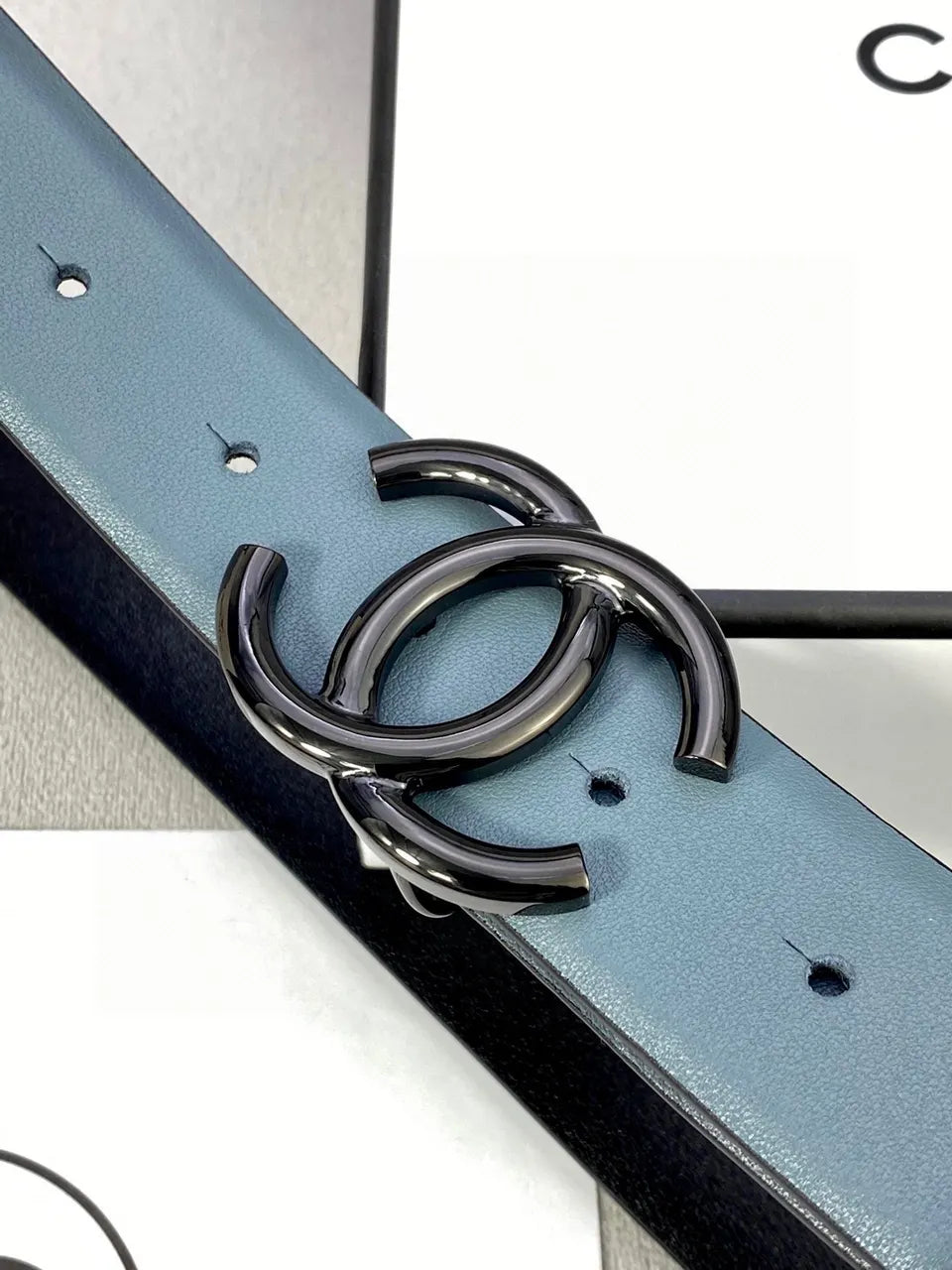silver Chanel Teal Leather Belt - Hình 5