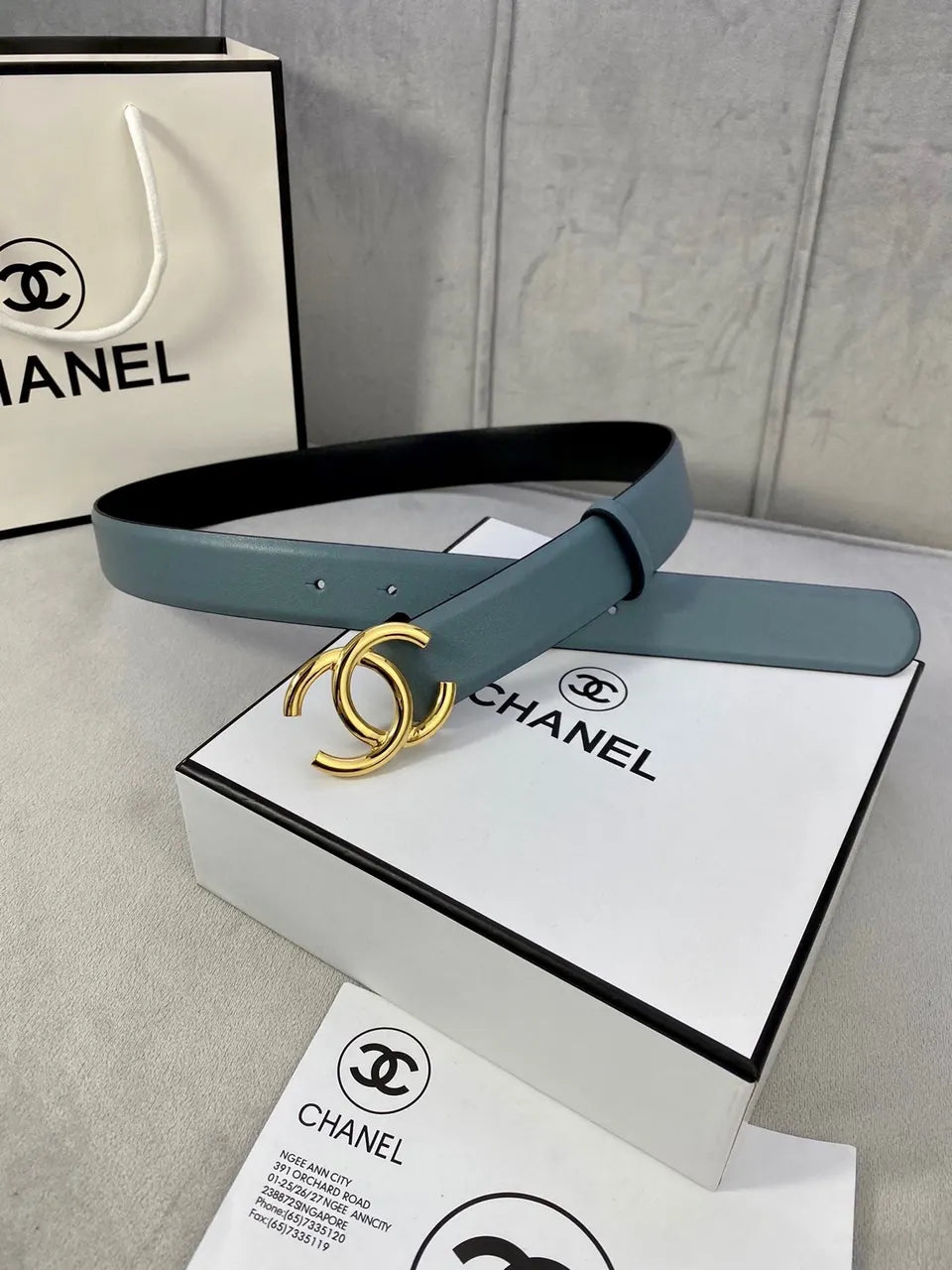 silver Chanel Teal Leather Belt - Hình 6
