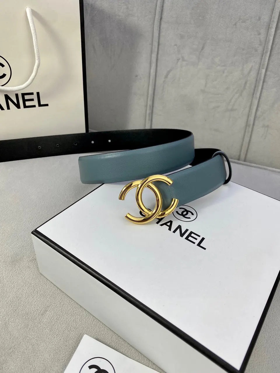 silver Chanel Teal Leather Belt - Hình 7