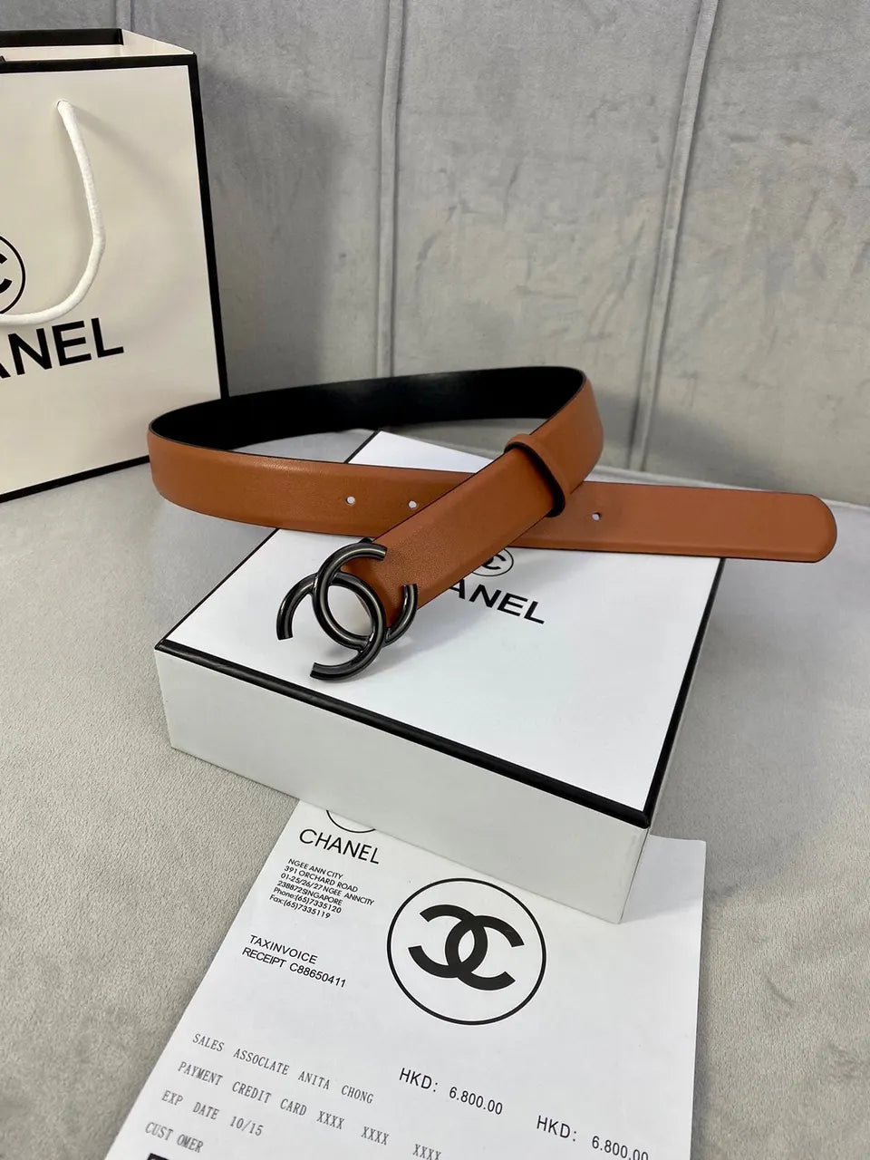 Chanel Tan Leather Belt Gunmetal - Hình 2