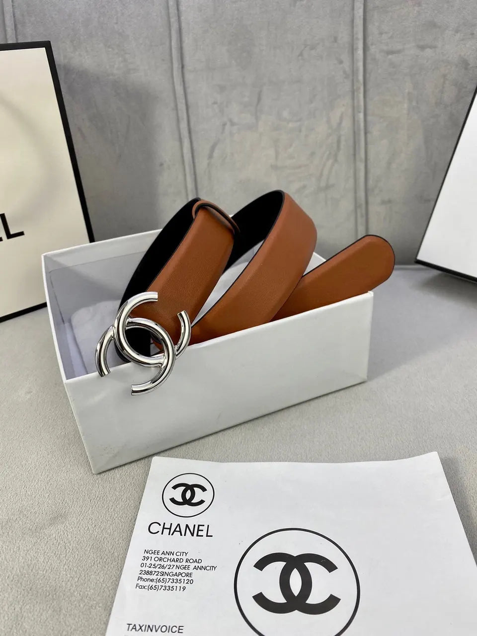 Chanel Tan Leather Belt Gunmetal - Hình 3