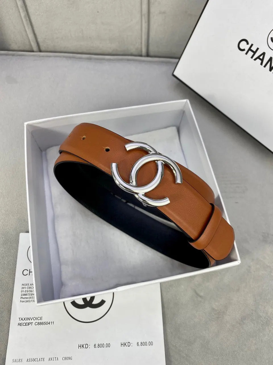 Chanel Tan Leather Belt Gunmetal - Hình 4