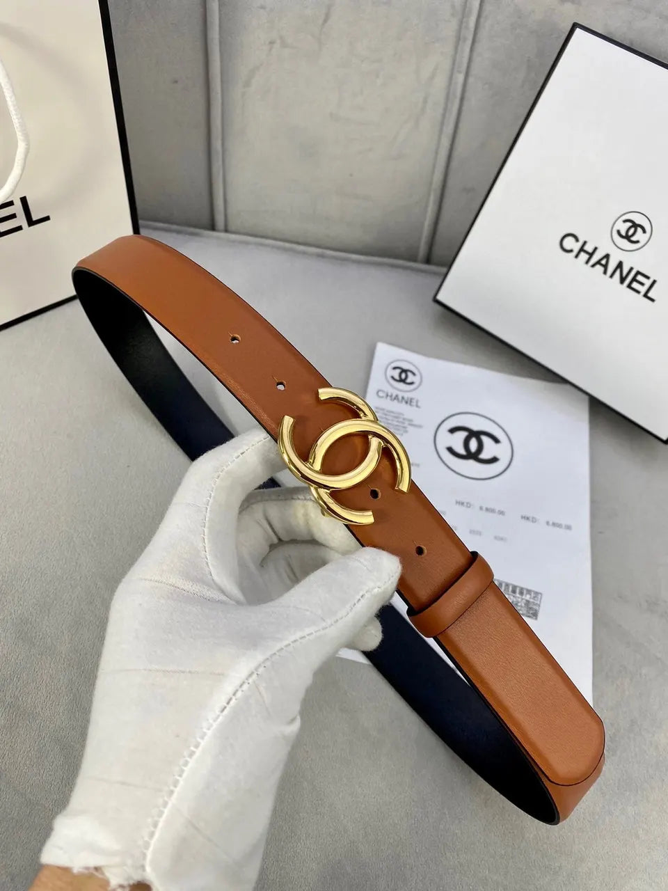 Chanel Tan Leather Belt Gunmetal - Hình 5