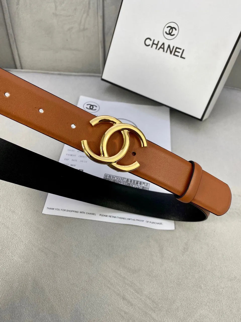 Chanel Tan Leather Belt Gunmetal - Hình 6