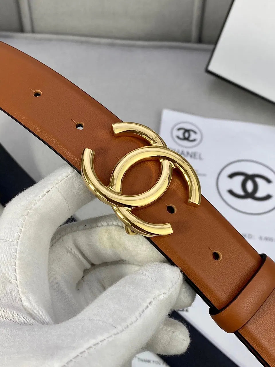 Chanel Tan Leather Belt Gunmetal - Hình 7