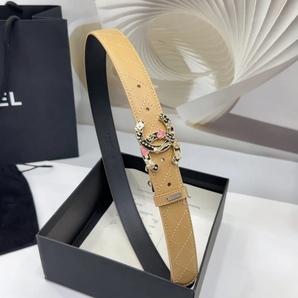floral Chanel Beige Quilted Leather Belt - Hình 2