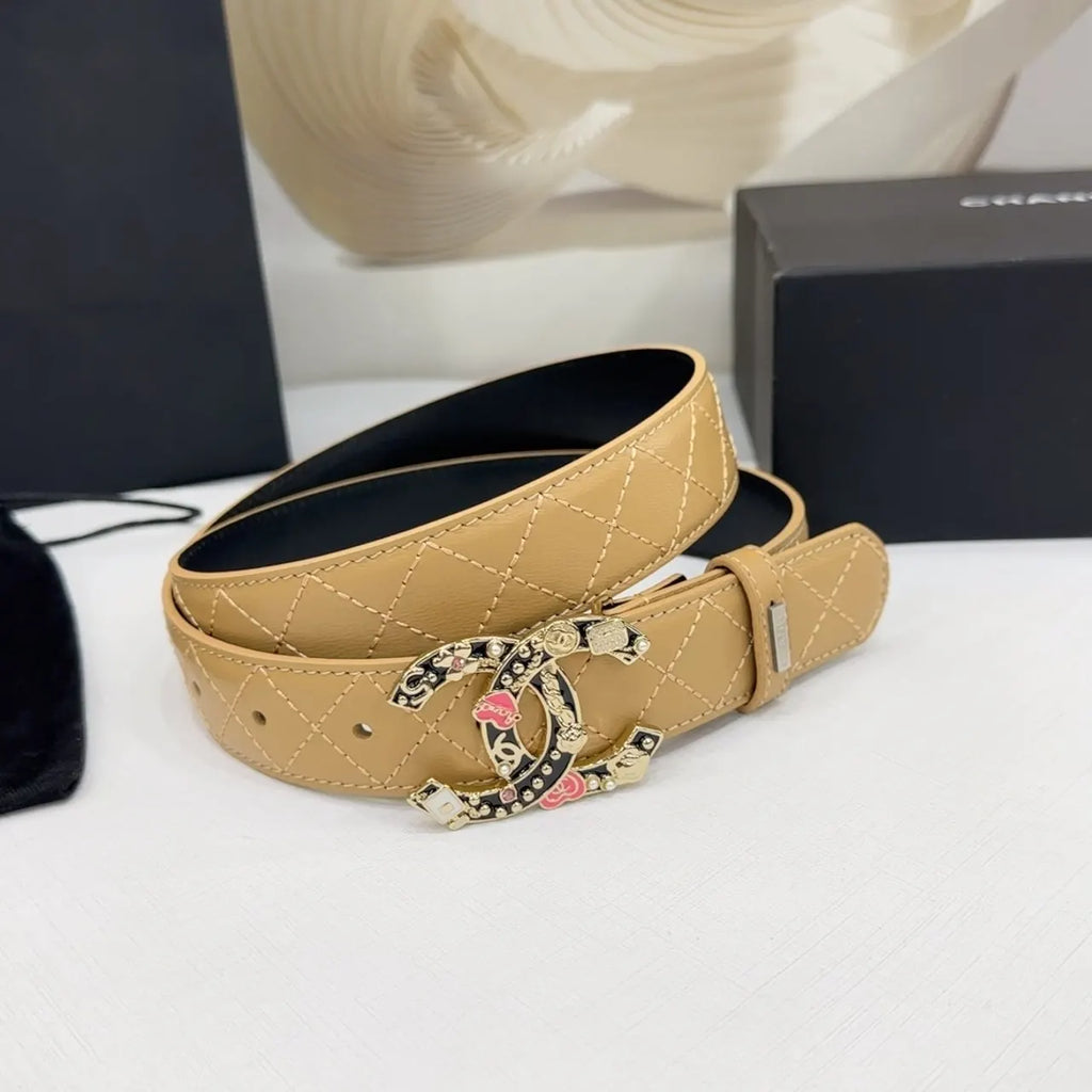 floral Chanel Beige Quilted Leather Belt - Hình 4