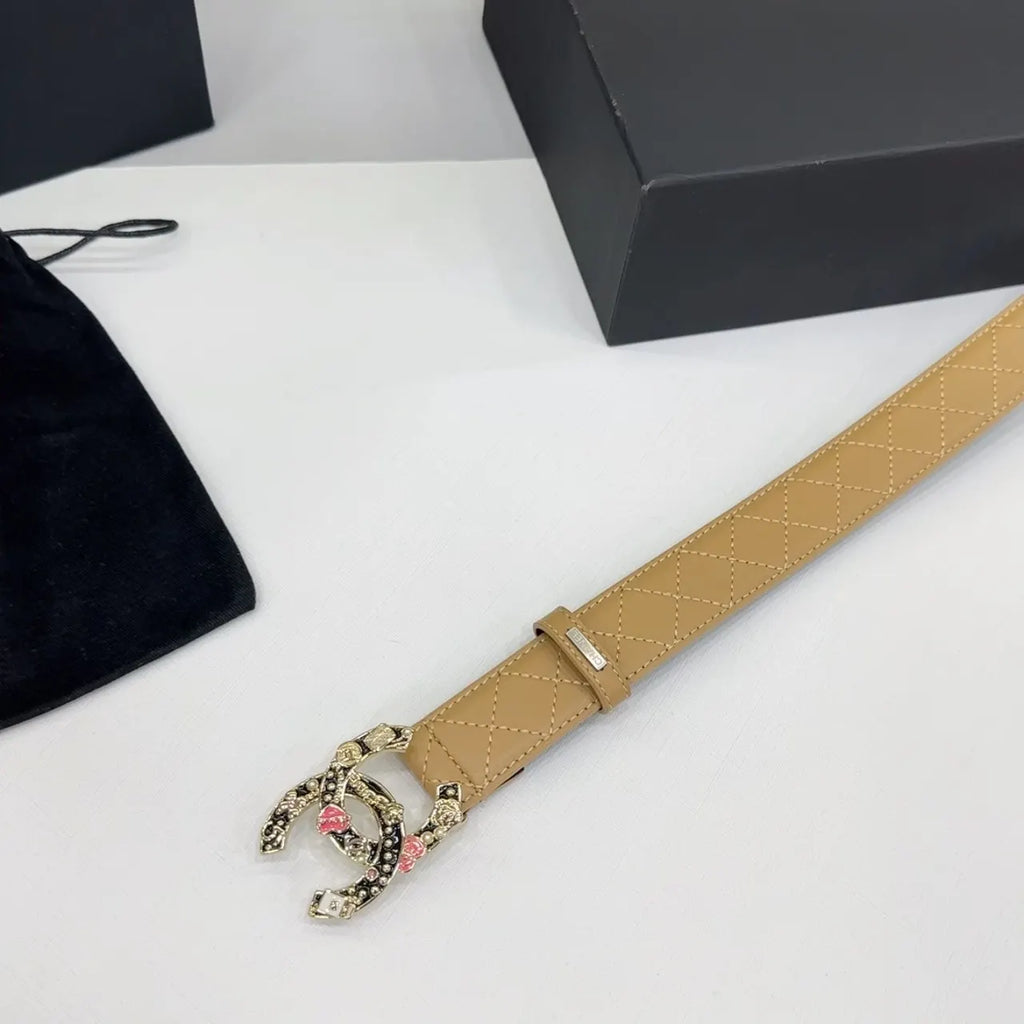 floral Chanel Beige Quilted Leather Belt - Hình 6