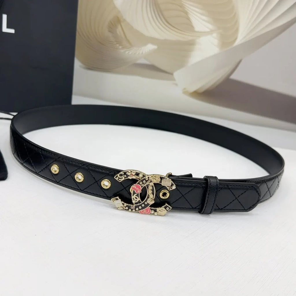 floral Chanel Black Quilted Belt