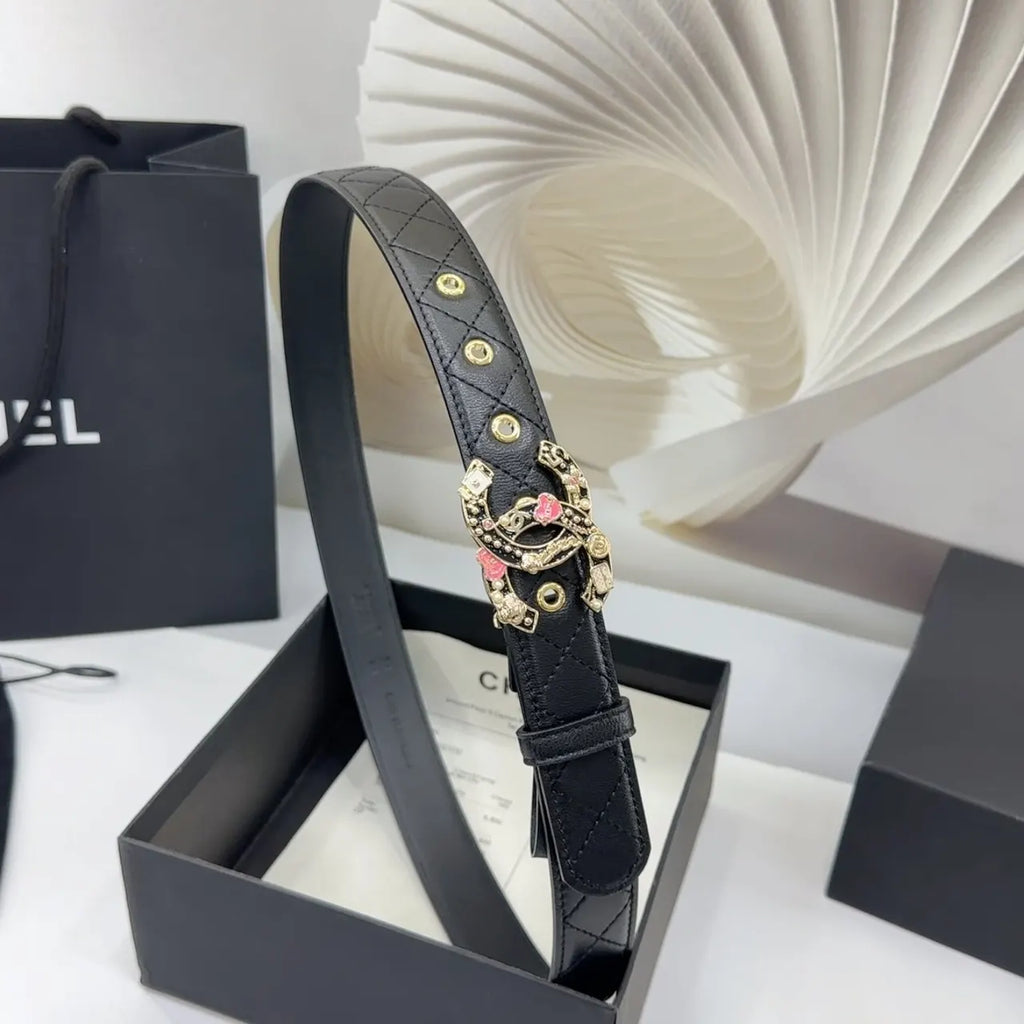 floral Chanel Black Quilted Belt - Hình 2