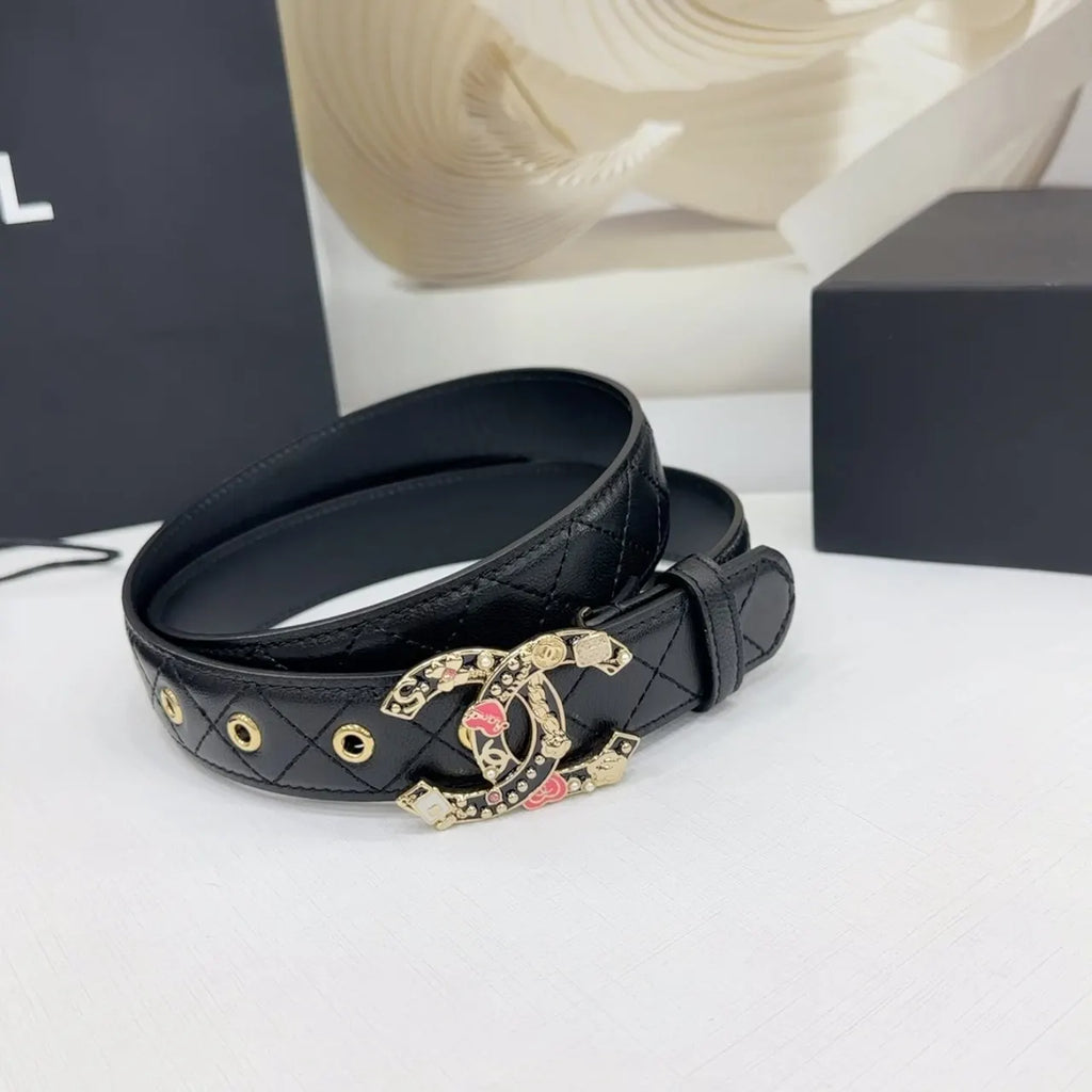 floral Chanel Black Quilted Belt - Hình 3